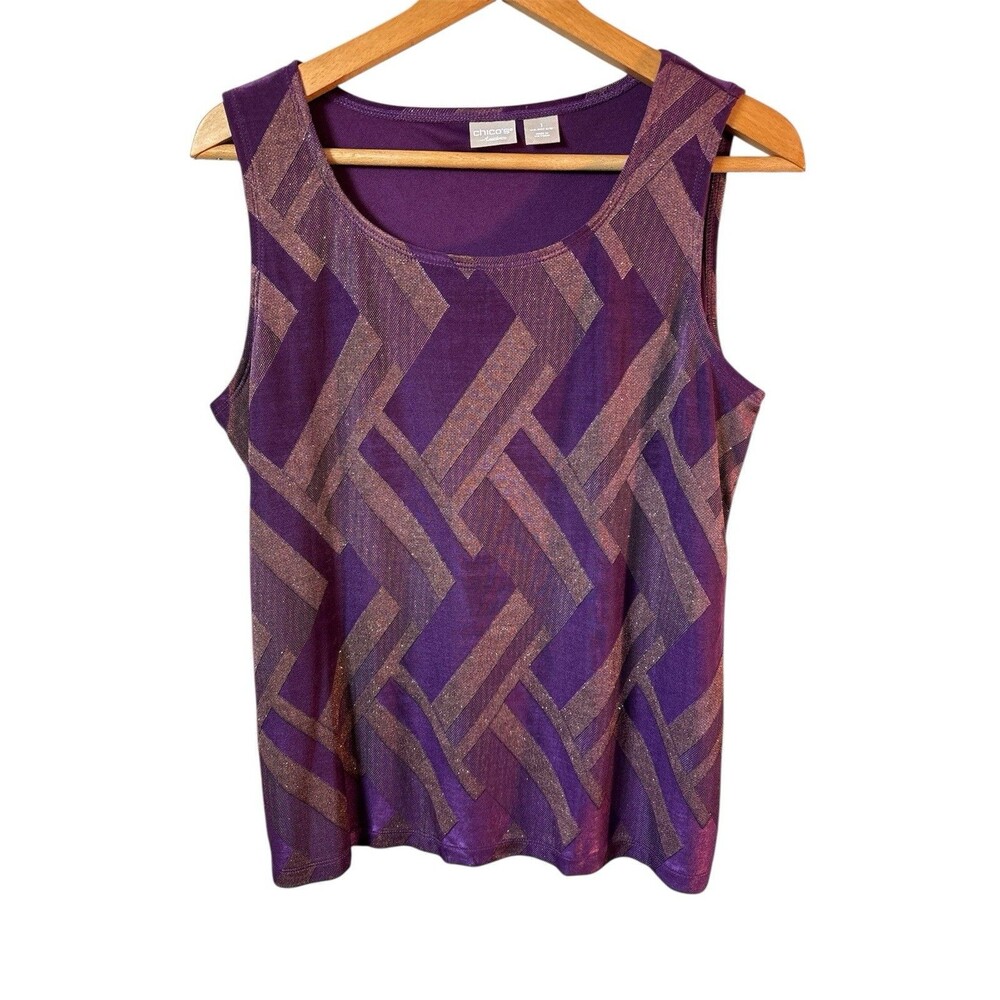 Chico's Travelers Geometric Purple Eggplant Layer Tank size 1 Medium Cruise
